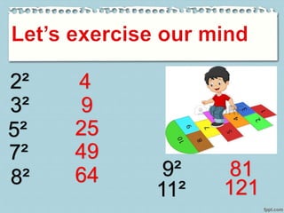 2² 4
3² 9
5² 25
7² 49
8² 64 9² 81
11² 121
 