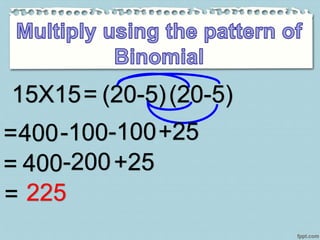 15X15= (20-5)(20-5)
=400-100-100+25
= 400-200+25
= 225
 
