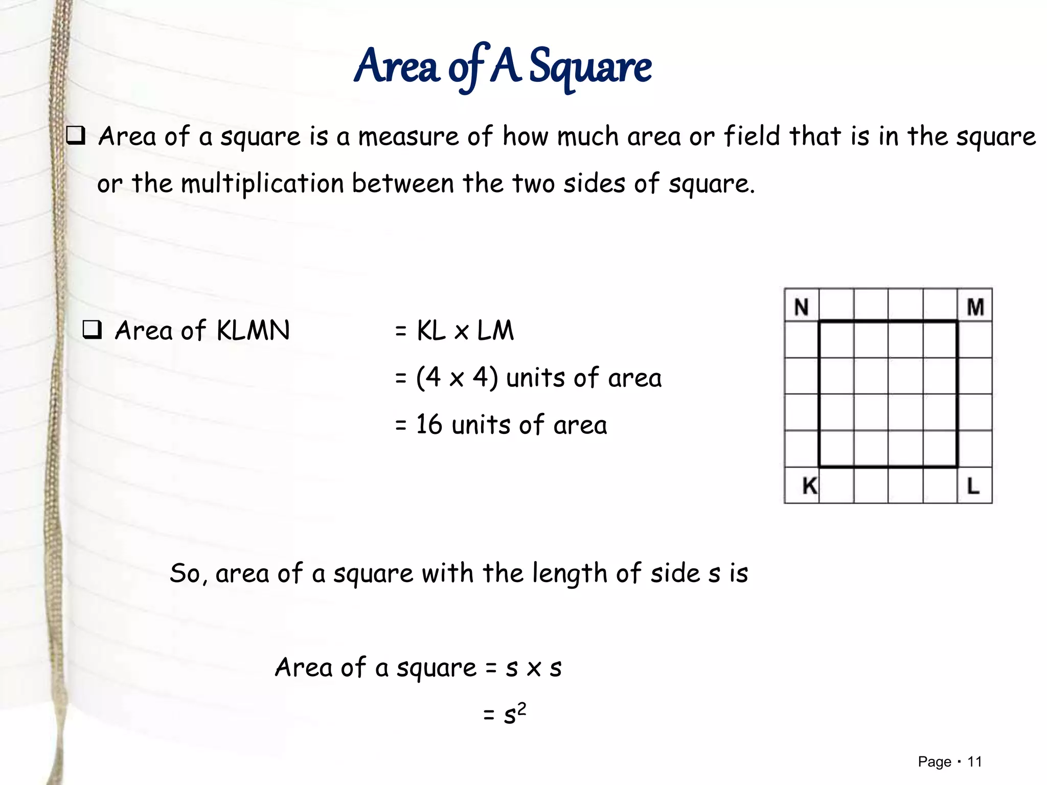 Page 11
 Area of a square is a measure of how much area or field that is in the square
or the multiplication between the two sides of square.
 Area of KLMN = KL x LM
= (4 x 4) units of area
= 16 units of area
So, area of a square with the length of side s is
Area of a square = s x s
= s2
 