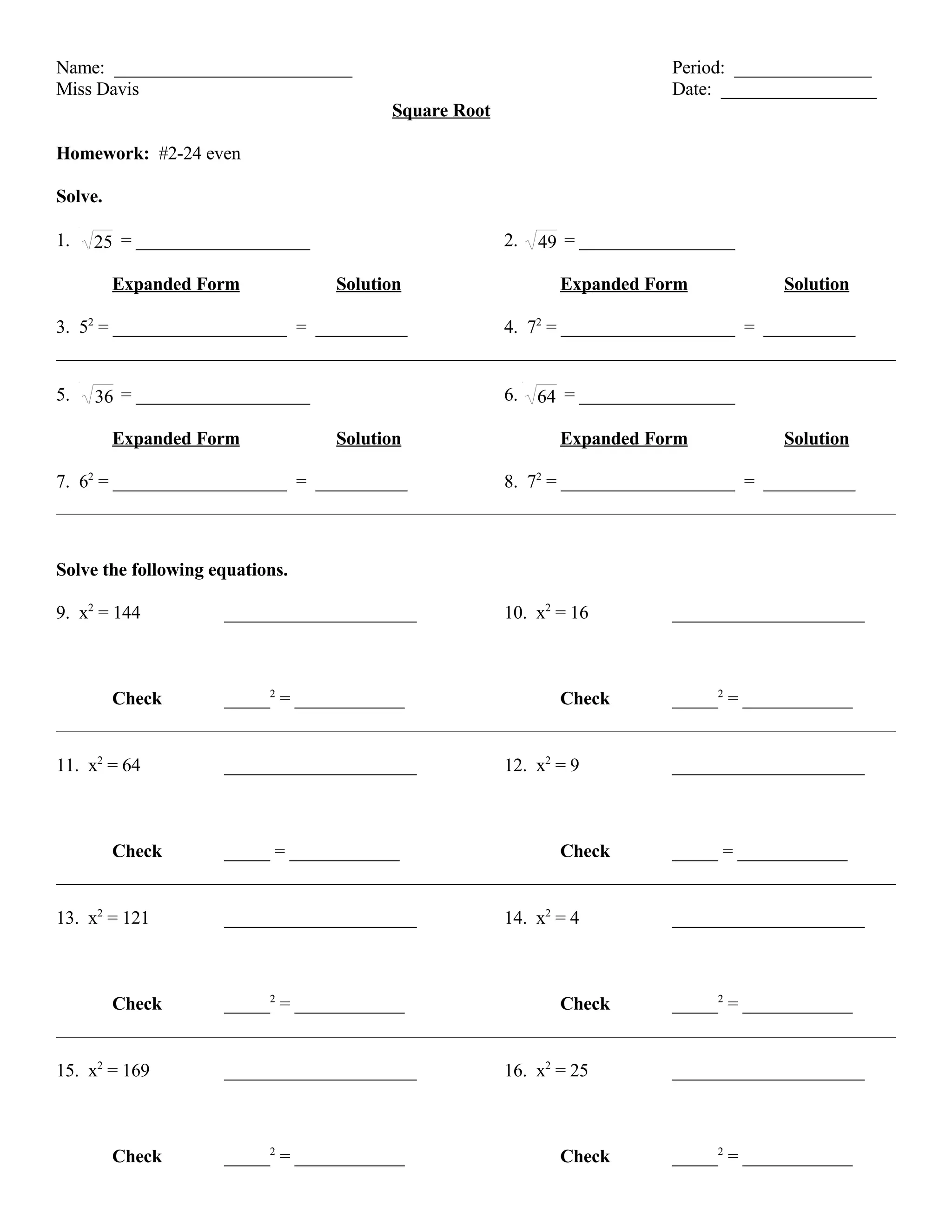 Square Root Equations 1
