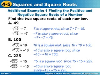 4-5 Squares and Square Roots
Additional Example: 1 Finding the Positive and
Negative Square Roots of a Number
Find the two square roots of each number.

A. 49
49 = 7
49 = –7

B. 100

7 is a square root, since 7 • 7 = 49.
–7 is also a square root, since
–7 • –7 = 49.

100 = 10

10 is a square root, since 10 • 10 = 100.

100 = –10

–10 is also a square root, since
–10 • –10 = 100.

C. 225
225 = 15
225 = –15
Course 3

15 is a square root, since 15 • 15 = 225.
–15 is also a square root,
since –15 • –15 = 225.

 
