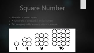 Square Number
 Also called a “perfect square”
 A number that is the square of a whole number.
 Can be represented by arranging objects in a square.
 