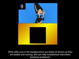 9




What utility runs in the background to put stress on drivers as they
 are loaded and running, and can help troubleshoot intermittent
                         hardware problems?
 