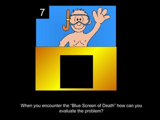 7




When you encounter the “Blue Screen of Death” how can you
                 evaluate the problem?
 