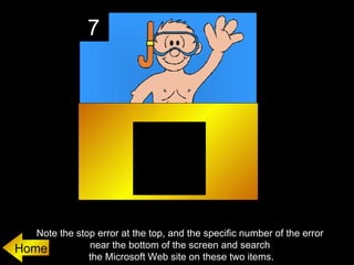 7




   Note the stop error at the top, and the specific number of the error
Home           near the bottom of the screen and search
               the Microsoft Web site on these two items.
 