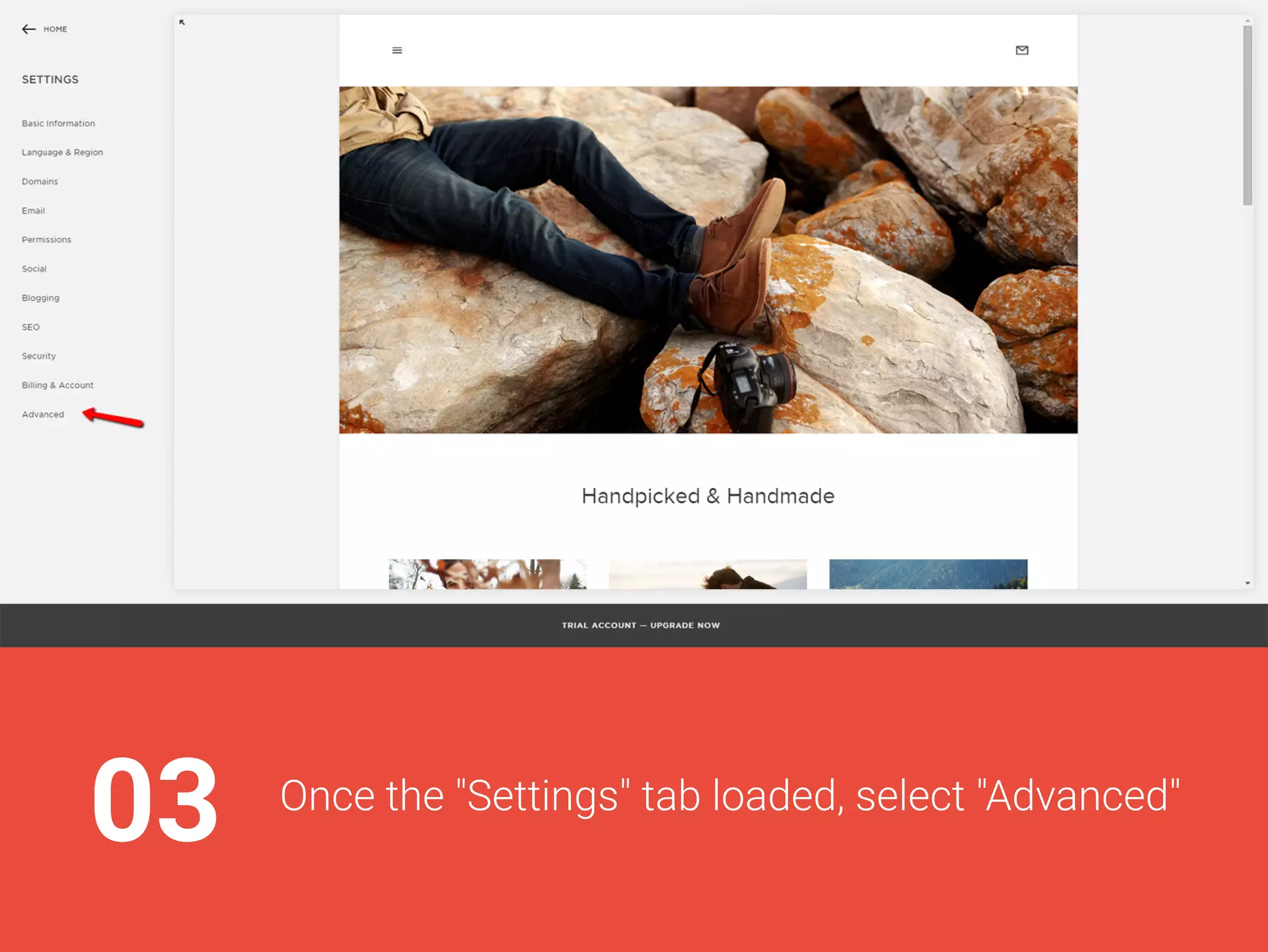 03Oncethe"Settings"tabloaded,select"Advanced"
 