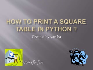 Square table in python | PPSX | Programming Languages | Computing