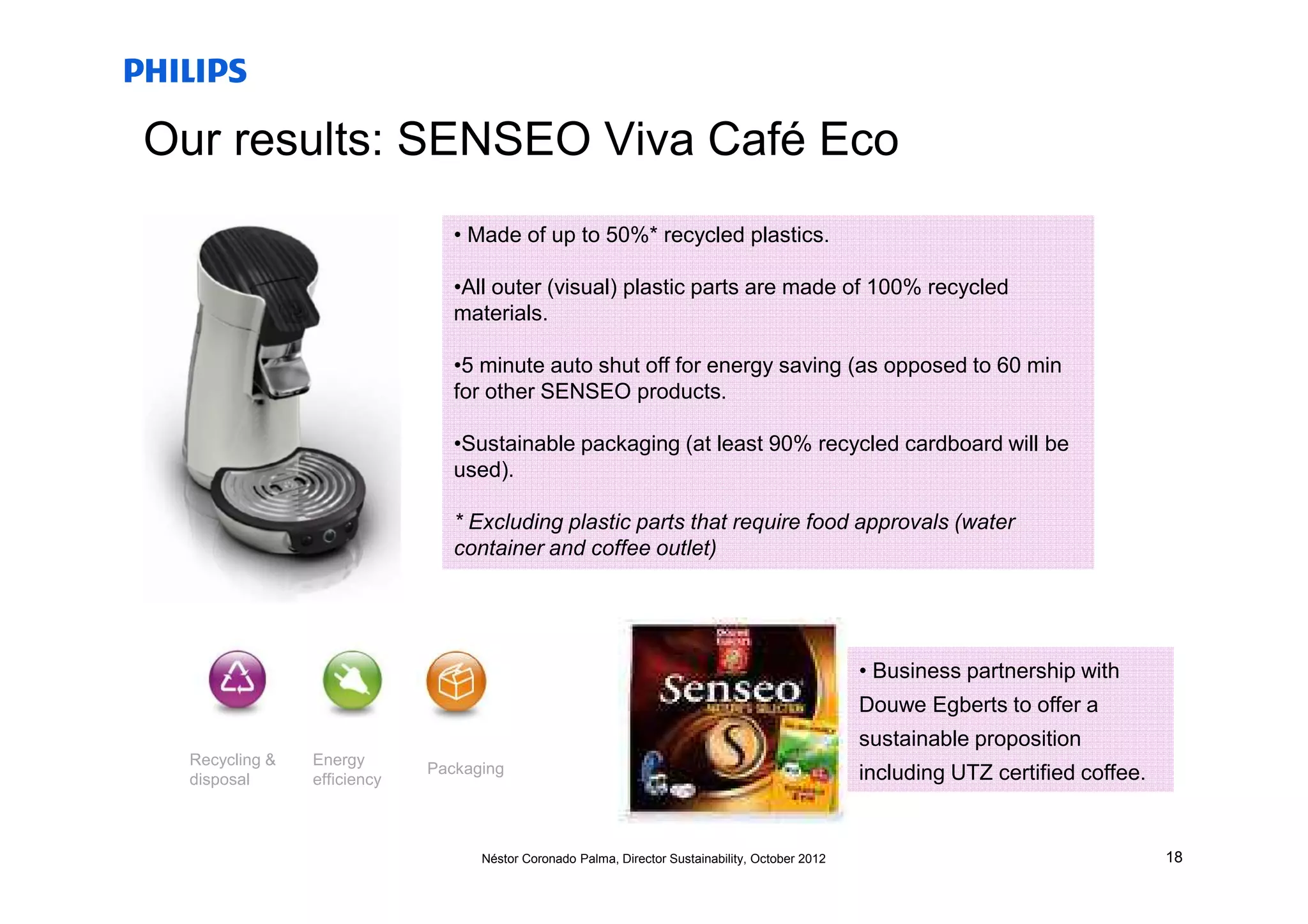 Our results: SENSEO Viva Café Eco
                                • Made of up to 50%* recycled plastics.

                                •All outer (visual) plastic parts are made of 100% recycled
                                materials.

                                •5 minute auto shut off for energy saving (as opposed to 60 min
                                for other SENSEO products.

                                •Sustainable packaging (at least 90% recycled cardboard will be
                                used).

                                * Excluding plastic parts that require food approvals (water
                                container and coffee outlet)




                                                                                                  • Business partnership with
                                                                                                  Douwe Egberts to offer a
                                                                                                  sustainable proposition
  Recycling &   Energy
                             Packaging                                                            including UTZ certified coffee.
  disposal      efficiency



                                   Néstor Coronado Palma, Director Sustainability, October 2012                                     18
 