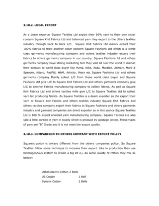 3.10.2. LOCAL EXPORT
As a deem exporter Square Textiles Ltd export their 60% yarn to their own sister
concern Square Knit Fabrics Ltd and balanced yarn they export to the others textiles
industry through back to back L/C. Square Knit Fabrics Ltd mainly export their
100% fabrics to their another sister concern Square Fashions Ltd which is a world
class garments manufacturing company and others textiles industry export their
fabrics to others garments company in our country. Square Fashions ltd and others
garments company have strong marketing tem they visit all over the world to market
their product to world class buyer like Puma, Nike, Asda, Matalan. Allmart, Mark &
Spencer, Kitaro, Redfild, H&M, Ashcity, Mexx etc Square Fashions Ltd and others
garments company Mainly collect L/C from those world class buyer and Square
Fashions Ltd give L/C to Square Knit Fabrics Ltd and others garments company give
L/C to another Fabrics manufacturing company to collect fabrics. As well as Square
Knit Fabrics Ltd and others textiles mills give L/C to Square Textiles Ltd to collect
yarn for producing fabrics. As Square Textiles is a deem exporter so the export their
yarn to Square knit Fabrics and others textiles industry Square Knit Fabrics and
others textiles company export their fabrics to Square Fashions and others garments
industry and garment companies are direct exporter so in this scence Square Textiles
Ltd is 100 % export oriented yarn manufacturing company. Square Textiles Ltd also
sale a little portion of yarn in locally which is produce by wastage cotton. These types
of yarn are “B” Grade and it is not meet the export quality.
3.10.3. COMPARISON TO OTHERS COMPANY WITH EXPORT POLICY
Square’s policy is always different from the others companies policy. So Square
Textiles follow some technique to increase their export. Like in production they use
heterogeneous system to create a big lot e,i. As same quality of cotton they mix as
bellow:
Uzbekistani’s Cotton 2 Bells
US Cotton 1 Bell
Syrians Cotton 2 Bells
 