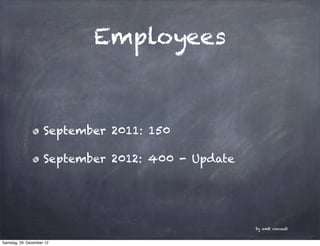 Employees



                     September 2011: 150

                     September 2012: 400 - Update




                                                    by amb consult


Samstag, 29. Dezember 12
 