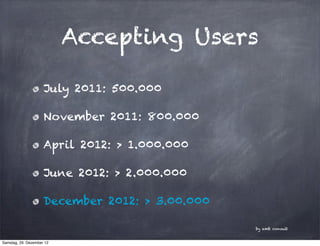 Accepting Users

                     July 2011: 500.000

                     November 2011: 800.000

                   ...