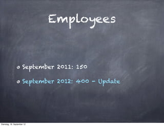Employees



                      September 2011: 150

                      September 2012: 400 - Update




Dienstag, 18. September 12
 