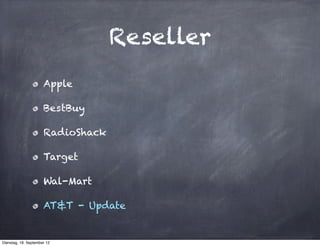 Reseller
                      Apple

                      BestBuy

                      RadioShack

                      Target

                      Wal-Mart

                      AT&T - Update


Dienstag, 18. September 12
 