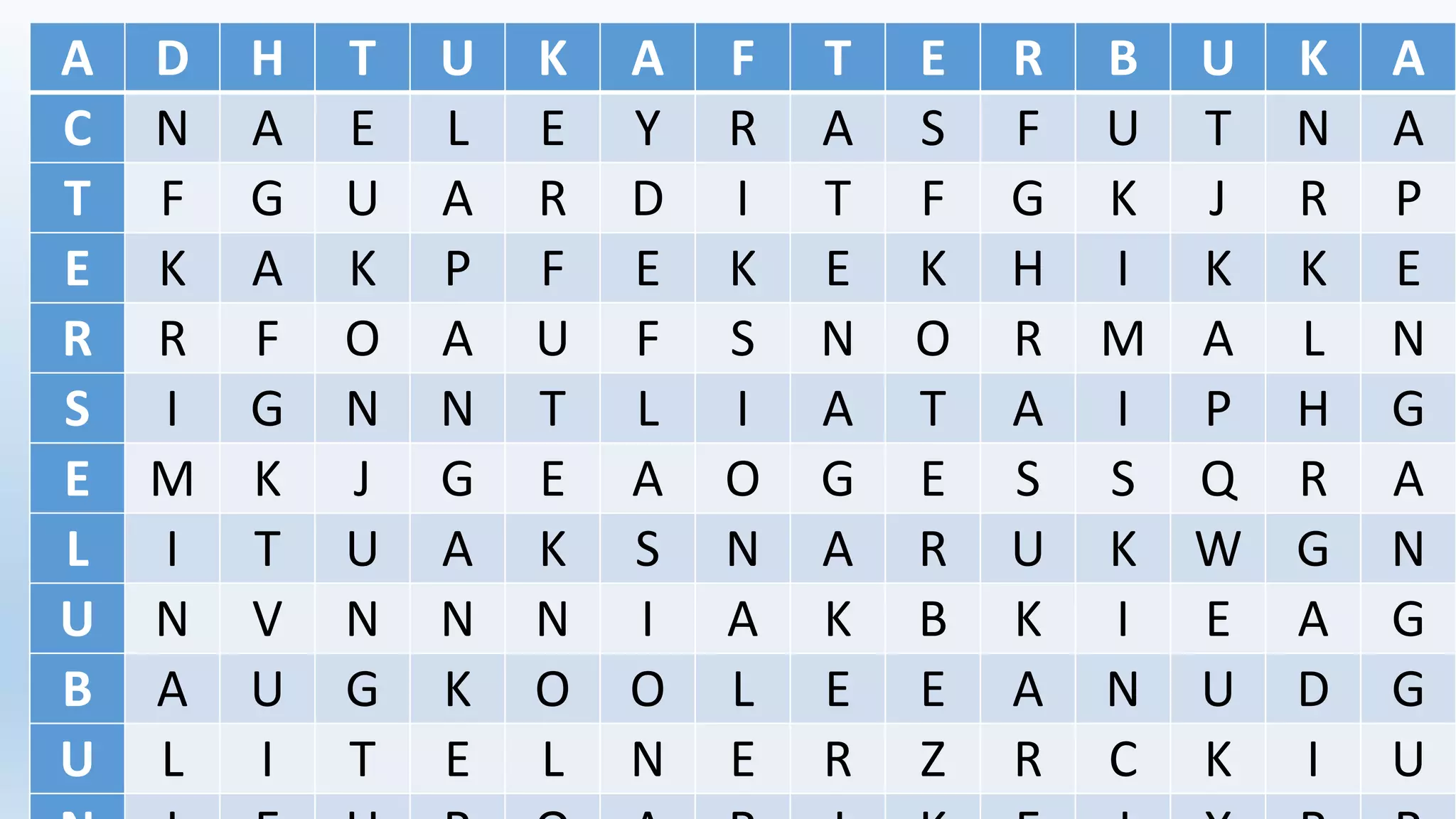 A D H T U K A F T E R B U K A
C N A E L E Y R A S F U T N A
T F G U A R D I T F G K J R P
E K A K P F E K E K H I K K E
R R F O A U F S N O R M A L N
S I G N N T L I A T A I P H G
E M K J G E A O G E S S Q R A
L I T U A K S N A R U K W G N
U N V N N N I A K B K I E A G
B A U G K O O L E E A N U D G
U L I T E L N E R Z R C K I U