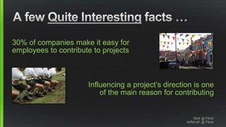 30% of companies make it easy for
employees to contribute to projects
Influencing a project’s direction is one
of the main reason for contributing
Nick @ Flickr
toffehoff @ Flickr
 