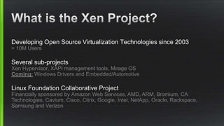 Developing Open Source Virtualization Technologies since 2003
> 10M Users
Several sub-projects
Xen Hypervisor, XAPI management tools, Mirage OS
Coming: Windows Drivers and Embedded/Automotive
Linux Foundation Collaborative Project
Financially sponsored by Amazon Web Services, AMD, ARM, Bromium, CA
Technologies, Cavium, Cisco, Citrix, Google, Intel, NetApp, Oracle, Rackspace,
Samsung and Verizon
 