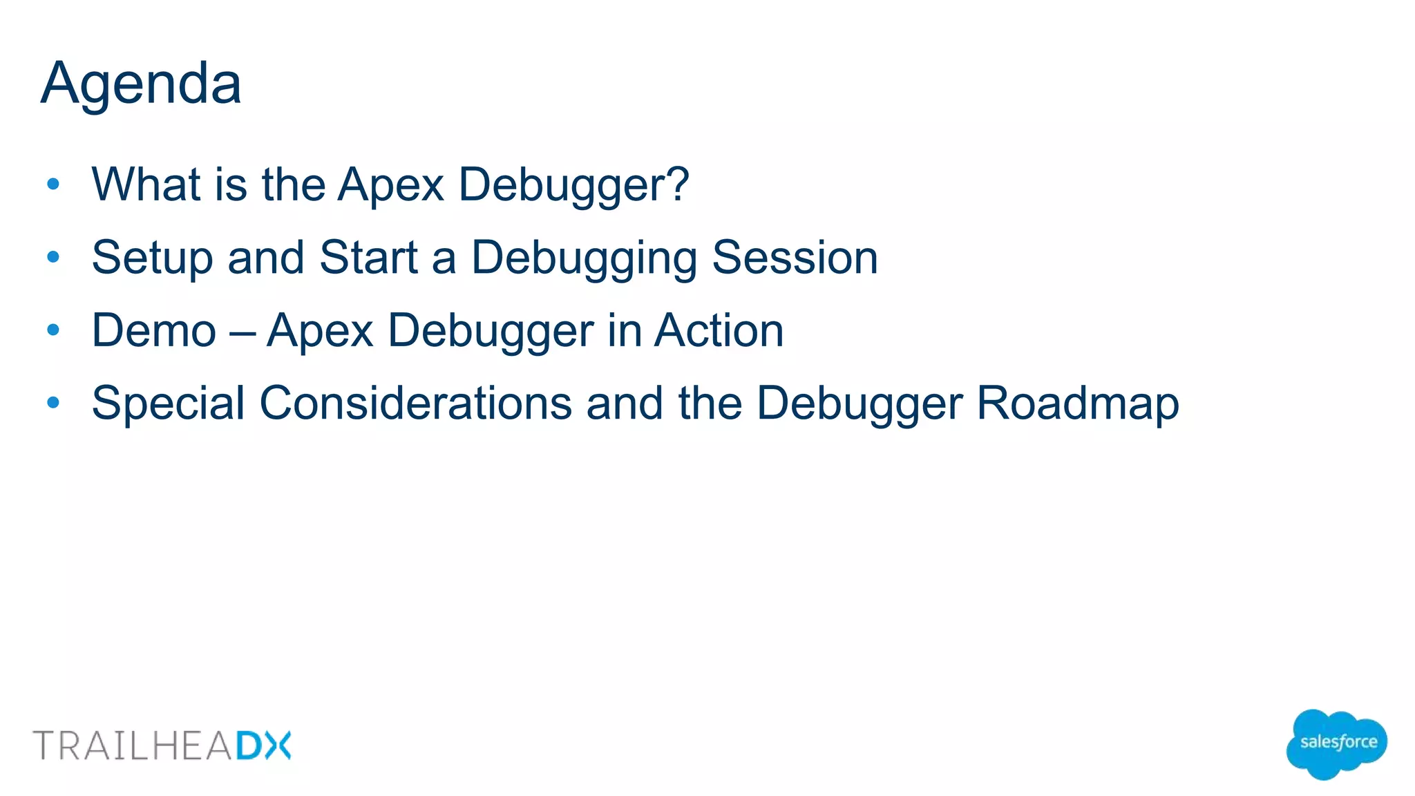 Agenda
• What is the Apex Debugger?
• Setup and Start a Debugging Session
• Demo – Apex Debugger in Action
• Special Considerations and the Debugger Roadmap
 