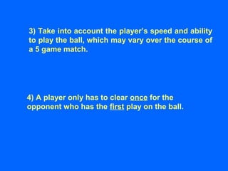 4) A player only has to clear once for the
opponent who has the first play on the ball.
3) Take into account the player’s speed and ability
to play the ball, which may vary over the course of
a 5 game match.
 