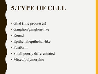 5.TYPE OF CELL
• Glial (fine processes)
• Ganglion/ganglion-like
• Round
• Epithelial/epithelial-like
• Fusiform
• Small poorly differentiated
• Mixed/polymorphic
 