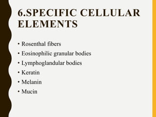6.SPECIFIC CELLULAR
ELEMENTS
• Rosenthal fibers
• Eosinophilic granular bodies
• Lymphoglandular bodies
• Keratin
• Melanin
• Mucin
 
