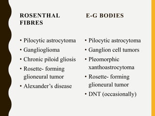 ROSENTHAL
FIBRES
• Pilocytic astrocytoma
• Ganglioglioma
• Chronic piloid gliosis
• Rosette- forming
glioneural tumor
• Alexander’s disease
E-G BODIES
• Pilocytic astrocytoma
• Ganglion cell tumors
• Pleomorphic
xanthoastrocytoma
• Rosette- forming
glioneural tumor
• DNT (occasionally)
 