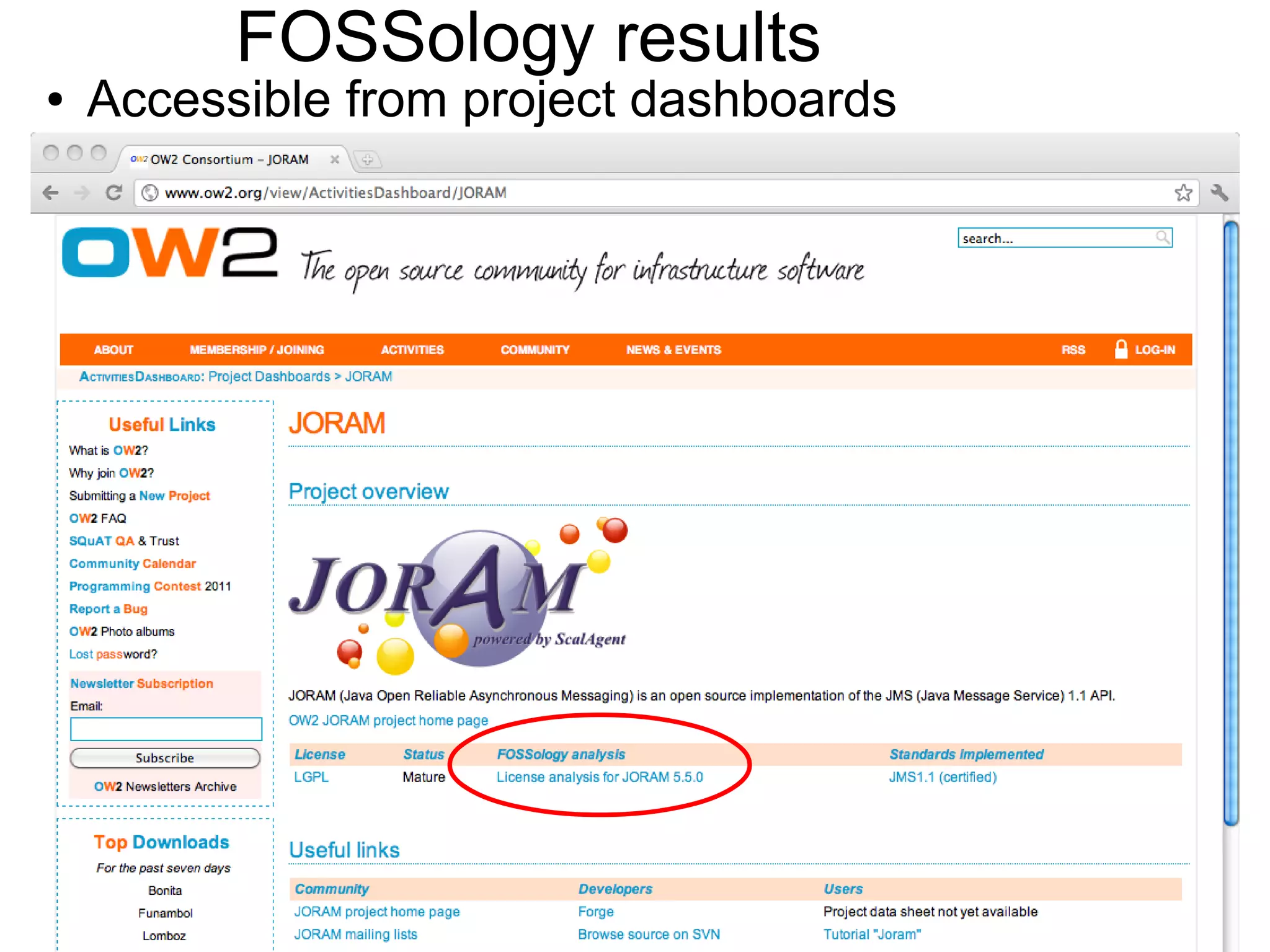 FOSSology results
● Accessible from project dashboards
OW2Con 2011, November 23-24, Orange Labs, Paris.
www.ow2.org.