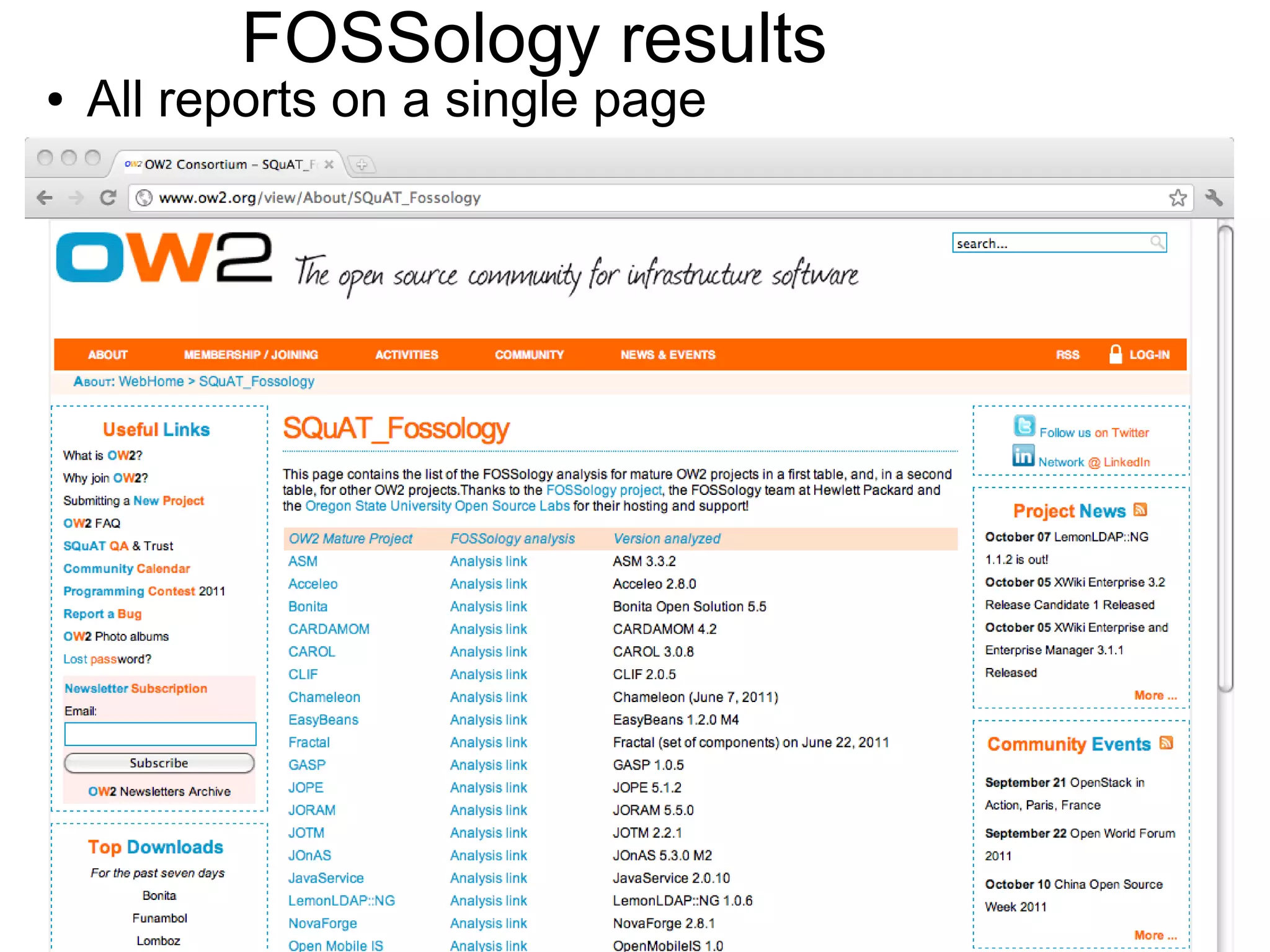 FOSSology results
● All reports on a single page
OW2Con 2011, November 23-24, Orange Labs, Paris.
www.ow2.org.