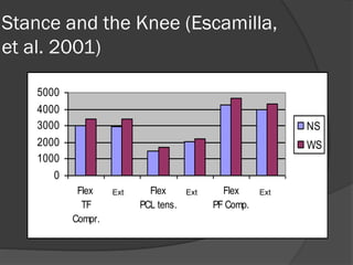 Stance and the Knee (Escamilla,
et al. 2001)
0
1000
2000
3000
4000
5000
Flex
TF
Compr.
Flex
PCL tens.
Flex
PF Comp.
NS
WS
Ext. Ext
.
Ext.
 