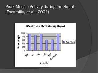 Peak Muscle Activity during the Squat
(Escamilla, et al., 2001)
KA at Peak MVIC during Squat
0
20
40
60
80
100
R
F
VL
VM
LH
M
HG
astroc
Muscle
KneeAngle
KA Peak
 
