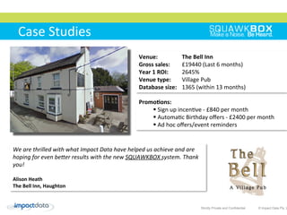 	
 	
 	
 	
 	
 	
 	
 	
 	
 	
 	
 	
 	
 	
 	
 	
 	
 	
 	
 	
 	
 	
 	
 	
 	
 	
 	
 	
 	
 	
 	
 	
 	
 	
 	
 	
 	
 	
 	
 	
 	
 	
 	
 	
 	
 	
 	
 	
 	
 	
 	
 	
 	
 
Venue: 	
  	
 The	
 Bell	
 Inn	
 
Gross	
 sales: 	
 £19440	
 (Last	
 6	
 months)	
 
Year	
 1	
 ROI: 	
 2645%	
 
Venue	
 type: 	
 Village	
 Pub	
 
Database	
 size: 	
 1365	
 (within	
 13	
 months)	
 
We	
 are	
 thrilled	
 with	
 what	
 Impact	
 Data	
 have	
 helped	
 us	
 achieve	
 and	
 are	
 
hoping	
 for	
 even	
 be9er	
 results	
 with	
 the	
 new	
 SQUAWKBOX	
 system.	
 Thank	
 
you!	
 
	
 
Alison	
 Heath	
 
The	
 Bell	
 Inn,	
 Haughton	
 
Strictly Private and Confidential © Impact Data Pty. L
Case	
 Studies	
 	
 
PromoKons:	
 
§ 	
 Sign	
 up	
 incen2ve	
 -­‐	
 £840	
 per	
 month	
 
§ 	
 Automa2c	
 Birthday	
 oﬀers	
 -­‐	
 £2400	
 per	
 month	
 
§ 	
 Ad	
 hoc	
 oﬀers/event	
 reminders	
 
 