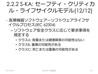 2.2.2 S-KA: セーフティ・クリティカ
ル・ライフサイクルモデル(12/12)
– 医療機器ソフトウェアーソフトウェアライフサ
イクルプロセス(IEC 62304)
– ソフトウェア安全クラスに応じて要求事項を
規定する
•  クラスA: 負傷または健康障害の可能性はない
•  クラスB: 重傷の可能性がある
•  クラスC: 死亡または重傷の可能性がある
2017/10/11 SQuBOK V2復習会 19
 