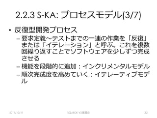2.2.3 S-KA: プロセスモデル(3/7)
•  反復型開発プロセス
– 要求定義〜テストまでの⼀連の作業を「反復」
または「イテレーション」と呼ぶ。これを複数
回繰り返すことでソフトウェアを少しずつ完成
させる
– 機能を段階的に追加：インクリメンタルモデル
– 順次完成度を⾼めていく：イテレーティブモデ
ル
2017/10/11 SQuBOK V2復習会 22
 
