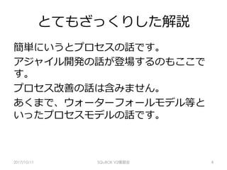 とてもざっくりした解説
簡単にいうとプロセスの話です。
アジャイル開発の話が登場するのもここで
す。
プロセス改善の話は含みません。
あくまで、ウォーターフォールモデル等と
いったプロセスモデルの話です。
2017/10/11 SQuBOK V2復習会 4
 