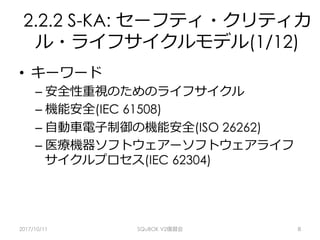 2.2.2 S-KA: セーフティ・クリティカ
ル・ライフサイクルモデル(1/12)
•  キーワード
– 安全性重視のためのライフサイクル
– 機能安全(IEC 61508)
– ⾃動⾞電⼦制御の機能安全(ISO 26262)
– 医療機器ソフトウェアーソフトウェアライフ
サイクルプロセス(IEC 62304)
2017/10/11 SQuBOK V2復習会 8
 