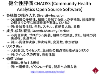 健全性評価 CHAOSS (Community Health
Analytics Open Source Software)
• 多様性の組み入れ Diversity-Inclusion
– OSS組織の多様性、組織に参加する個人の多様性、組織...
