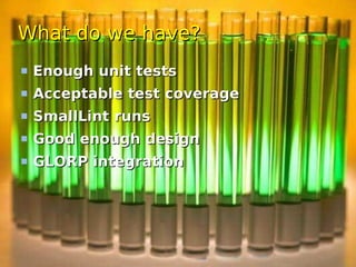 What do we have?
 Enough unit tests
 Acceptable test coverage
 SmallLint runs
 Good enough design
 GLORP integration
 
