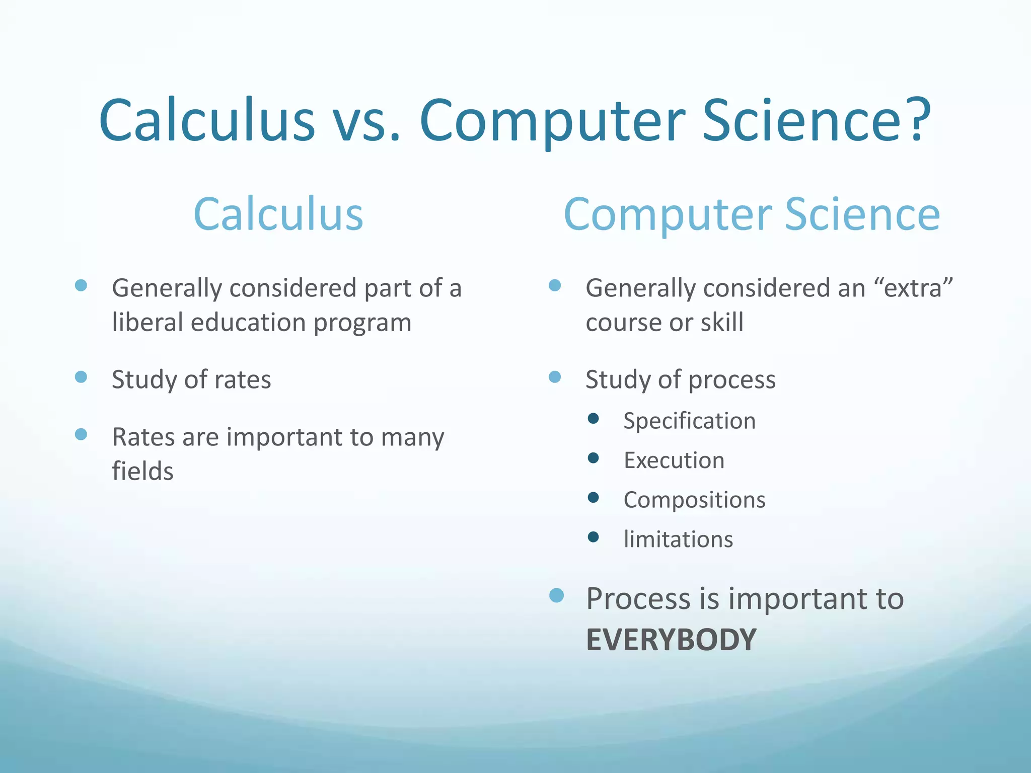 Calculus vs. Computer Science?
Calculus
 Generally considered part of a
liberal education program

 Study of rates
 Rates are important to many
fields

Computer Science
 Generally considered an “extra”
course or skill

 Study of process





Specification
Execution
Compositions

limitations

 Process is important to
EVERYBODY

 