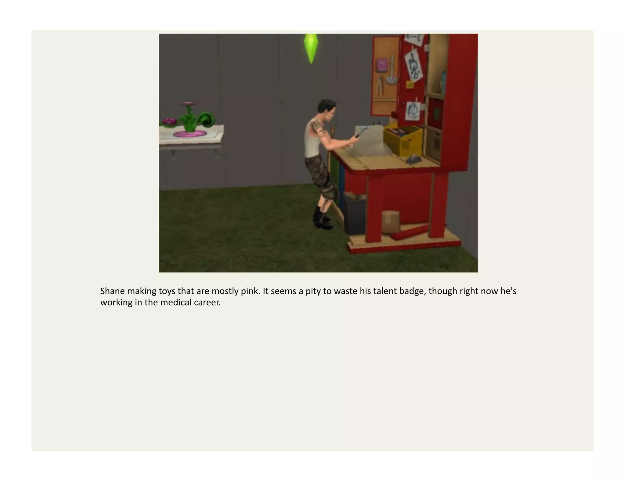 Shane	
  making	
  toys	
  that	
  are	
  mostly	
  pink.	
  It	
  seems	
  a	
  pity	
  to	
  waste	
  his	
  talent	
  badge,	
  though	
  right	
  now	
  he's	
  
working	
  in	
  the	
  medical	
  career.	
  
 