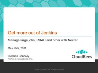 Get more out of Jenkins
Manage large jobs, RBAC and other with Nectar

May 25th, 2011

Stephen Connolly
Architect, CloudBees, Inc.



                             ©2011 CloudBees, Inc. All Rights Reserved
 