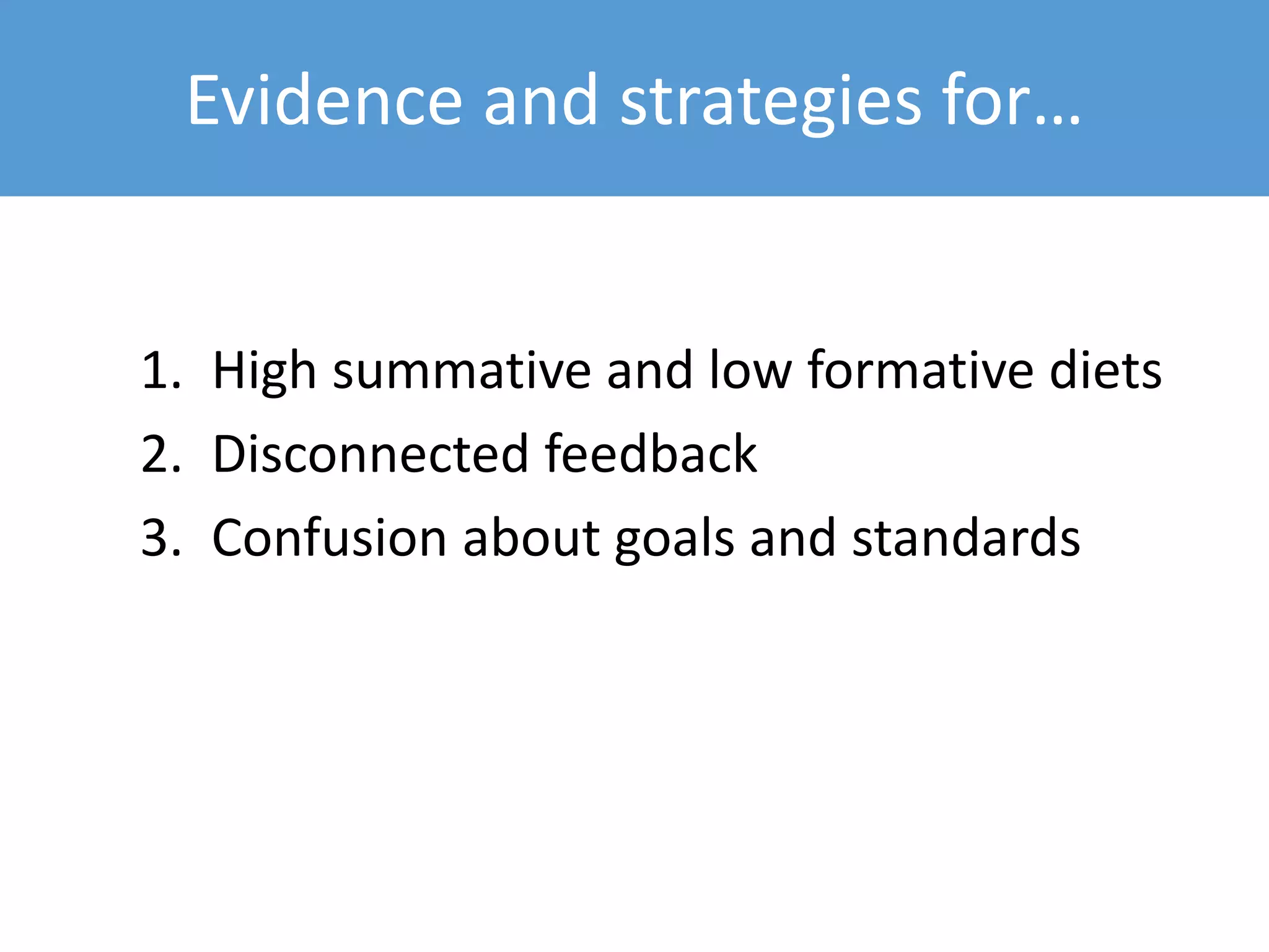 Evidence and strategies for…
1. High summative and low formative diets
2. Disconnected feedback
3. Confusion about goals and standards
 