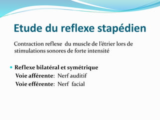 Etude du reflexe stapédien
Contraction reflexe du muscle de l’étrier lors de
stimulations sonores de forte intensité
 Reflexe bilatéral et symétrique
Voie afférente: Nerf auditif
Voie efférente: Nerf facial
 