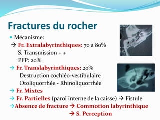 Fractures du rocher
 Mécanisme:
 Fr. Extralabyrinthiques: 70 à 80%
S. Transmission + +
PFP: 20%
 Fr. Translabyrinthiques: 20%
Destruction cochléo-vestibulaire
Otoliquorrhée - Rhinoliquorrhée
 Fr. Mixtes
 Fr. Partielles (paroi interne de la caisse)  Fistule
Absence de fracture  Commotion labyrinthique
 S. Perception
 