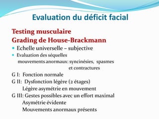Evaluation du déficit facial
Testing musculaire
Grading de House-Brackmann
 Echelle universelle – subjective
 Evaluation des séquelles
mouvements anormaux: syncinésies, spasmes
et contractures
G I: Fonction normale
G II: Dysfonction légère (2 étages)
Légère asymétrie en mouvement
G III: Gestes possibles avec un effort maximal
Asymétrie évidente
Mouvements anormaux présents
 