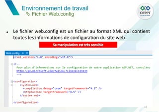 14
 Le fichier web.config est un fichier au format XML qui contient
toutes les informations de configuration du site web
Environnement de travail
 Fichier Web.config
 