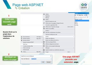 Page web ASP.NET
15
Créer une
nouvelle page
web
Attribuer un
nom à la page
1
2
Bouton Droit sur le
projet dans
l’explorateur de
solutions
Une page ASP.NET
possède une
extension .aspx
 Création
 