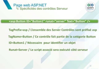 Page web ASP.NET
22
<asp:Button ID="Button1" runat="server" Text="Button" />
TagPrefix=asp / L’ensemble des Server Contrôles sont préfixé asp
TagName=Button / Ce contrôle fait partie de la catégorie Button
ID=Button1 / Nécessaire pour identifier un objet
Runat=Server / Le script associé sera exécuté côté serveur
 Spécificités des contrôles Serveur
 