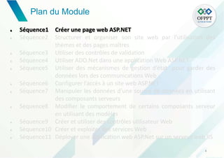 Plan du Module
4
 Séquence1 Créer une page web ASP.NET
 Séquence2 Structurer et organiser son site web par l’utilisation des
thèmes et des pages maîtres
 Séquence3 Utiliser des contrôles de validation
 Séquence4 Utiliser ADO.Net dans une application Web ASP.NET
 Séquence5 Utiliser des mécanismes de gestion d’état pour garder des
données lors des communications Web
 Séquence6 Configurer l’accès à un site web ASP.NET
 Séquence7 Manipuler les données d’une source de données en utilisant
des composants serveurs
 Séquence8 Modifier le comportement de certains composants serveur
en utilisant des modèles
 Séquence9 Créer et utiliser des contrôles utilisateur Web
 Séquence10 Créer et exploiter des services Web
 Séquence11 Déployer une application web ASP.Net sur un serveur web IIS
 