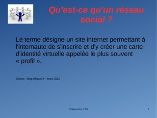 Préparation C2il 2
Qu'est-ce qu'un réseau
social ?
Le terme désigne un site internet permettant à
l'internaute de s'inscrire et d'y créer une carte
d'identité virtuelle appelée le plus souvent
« profil ».
Source : blog.lefigaro.fr - Mars 2012
 