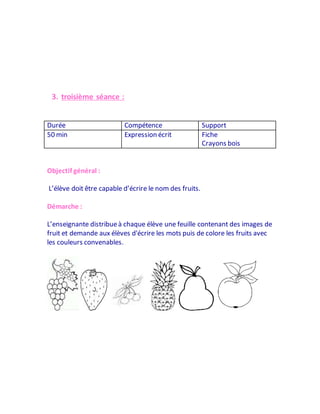 3. troisième séance :
Durée Compétence Support
50 min Expression écrit Fiche
Crayons bois
Objectif général :
L’élève doit être capable d’écrire le nom des fruits.
Démarche :
L’enseignante distribueà chaque élève une feuille contenant des images de
fruit et demande aux élèves d'écrire les mots puis de colore les fruits avec
les couleurs convenables.
 