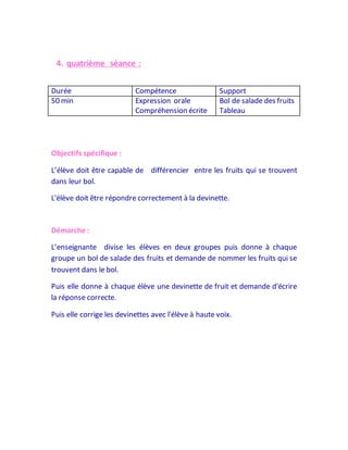 4. quatrième séance :
Durée Compétence Support
50 min Expression orale
Compréhension écrite
Bol de salade des fruits
Tableau
Objectifs spécifique :
L’élève doit être capable de différencier entre les fruits qui se trouvent
dans leur bol.
L'élève doit être répondre correctement à la devinette.
Démarche :
L’enseignante divise les élèves en deux groupes puis donne à chaque
groupe un bol de salade des fruits et demande de nommer les fruits qui se
trouvent dans le bol.
Puis elle donne à chaque élève une devinette de fruit et demande d'écrire
la réponse correcte.
Puis elle corrige les devinettes avec l'élève à haute voix.
 